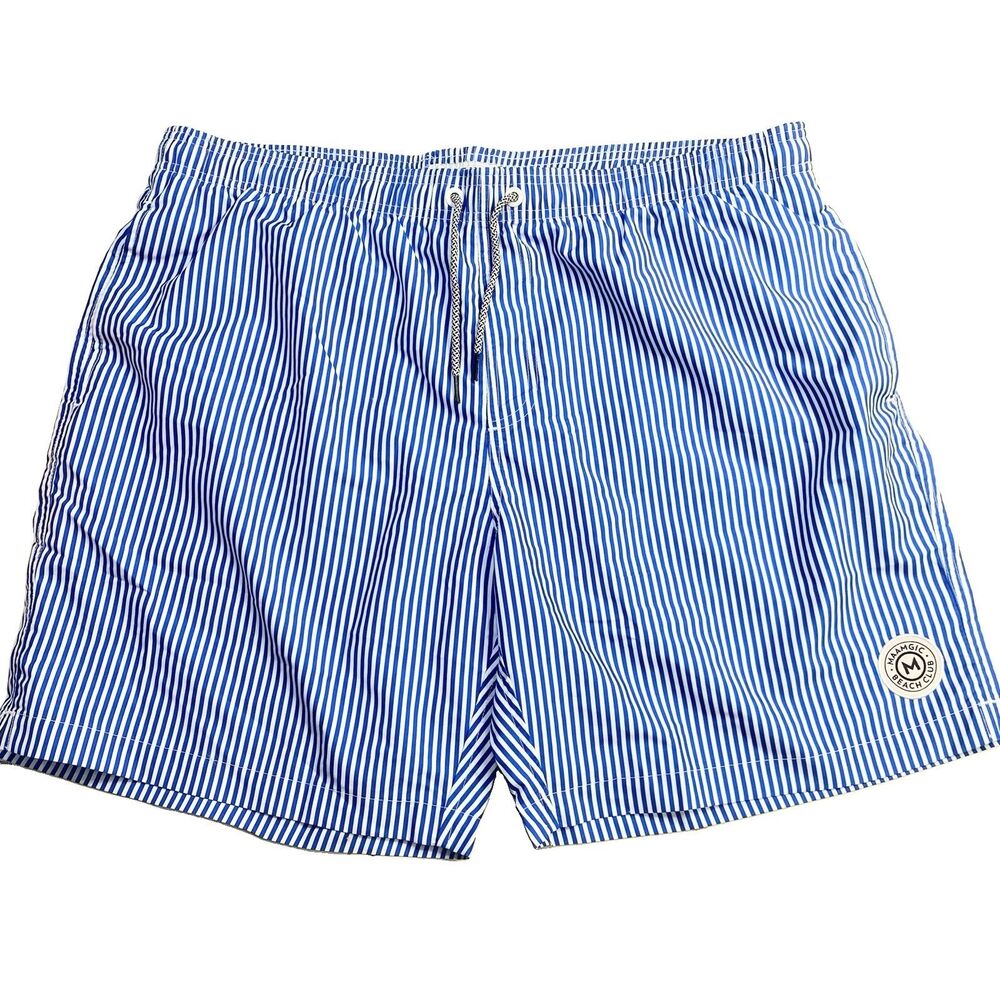 Maamgic Mens Swim Trunks XXL Blue White Striped Board Shorts NWOT Beach Club
